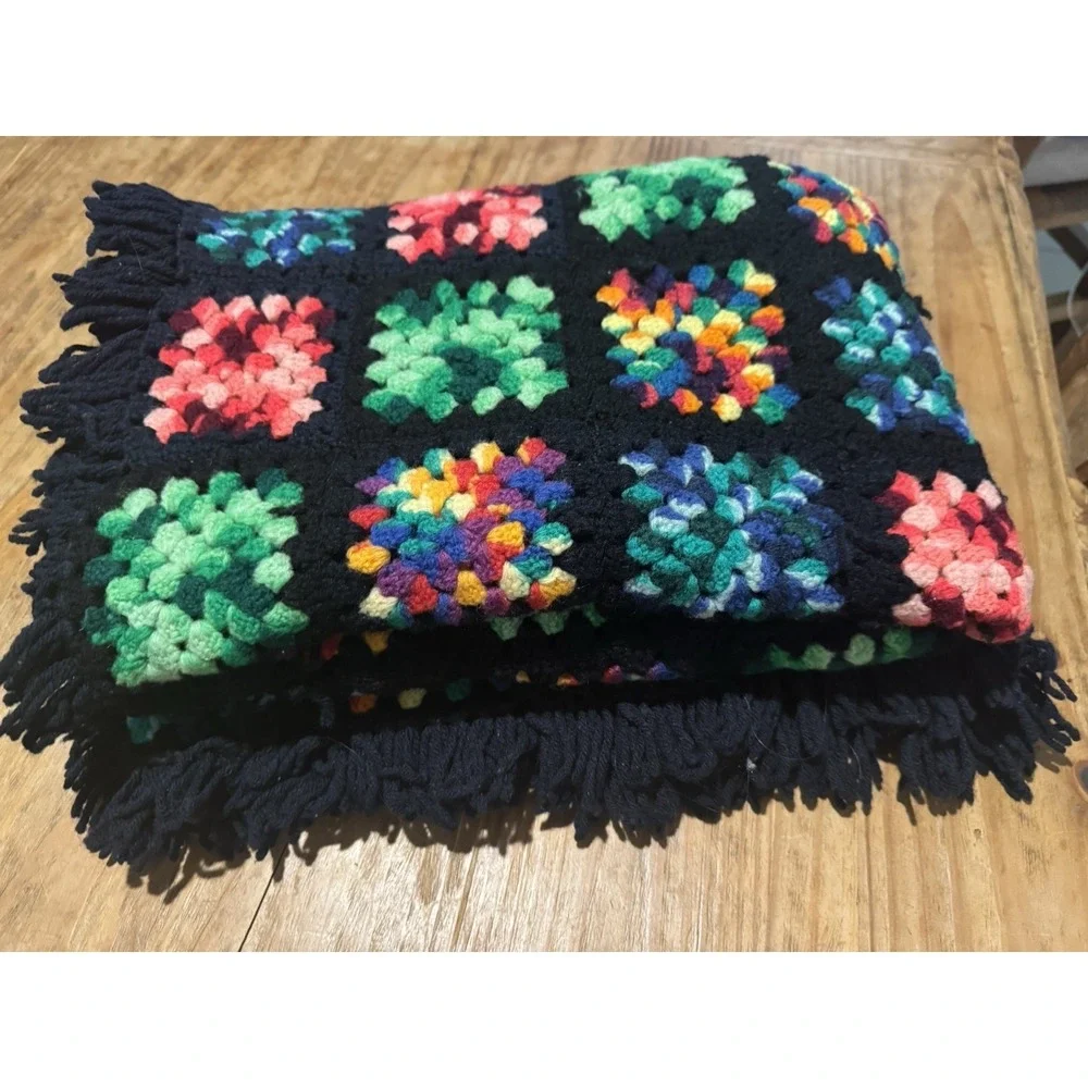 Vintage Handmade Granny Square Crochet Blanket Throw Black Multicolor Fr1nge